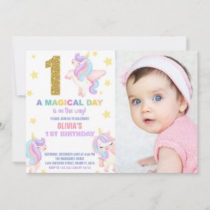 1e Rainbow Unicorn Verjaardag Uitnodigingen w foto