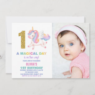 1e Rainbow Unicorn Verjaardag Uitnodigingen w foto