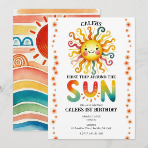 1e reis rond de zon aquarel verjaardagsfeestje kaart