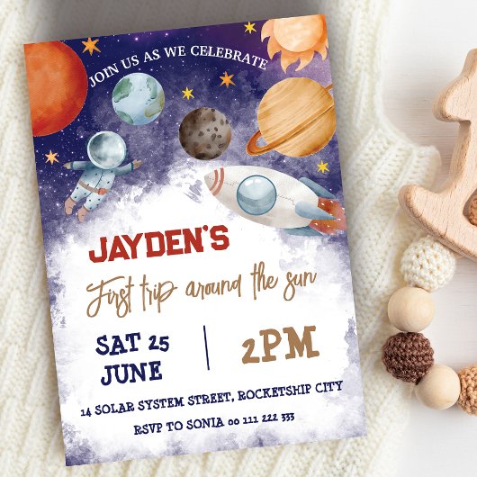 1e reis rond de zon ruimte verjaardag uitnodiging