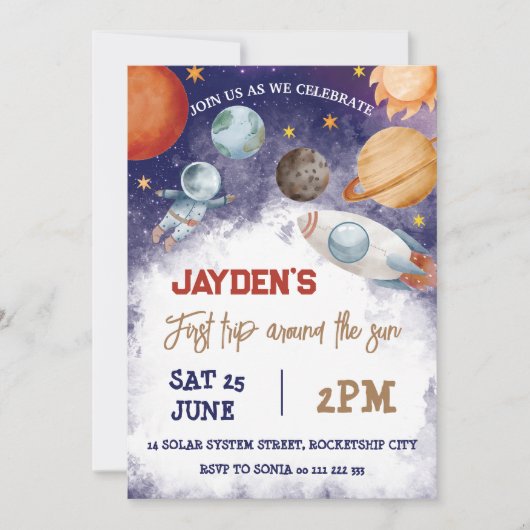 1e reis rond de zon ruimte verjaardag uitnodiging (Voorkant)