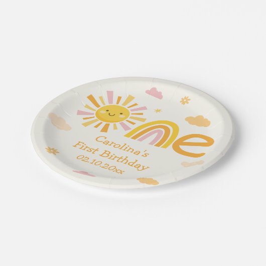 1e reis rond de zon verjaardagsfeestje meisje papieren bordje (Gekanteld)