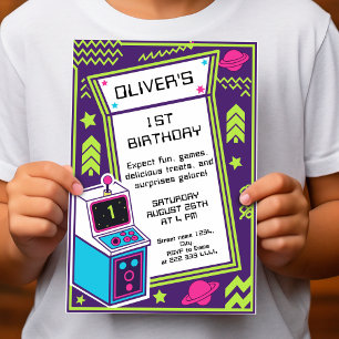 1e Retro Arcade Verjaardag Uitnodiging