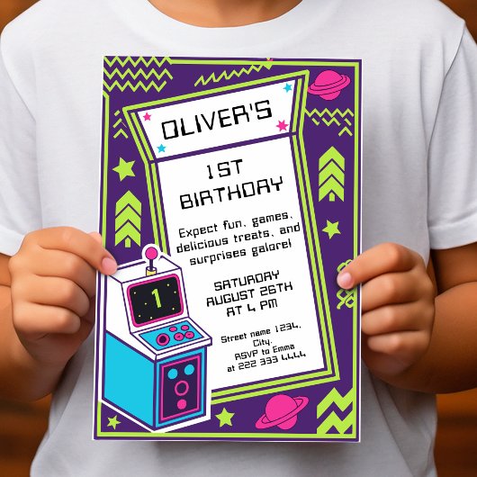 1e Retro Arcade Verjaardag Uitnodiging