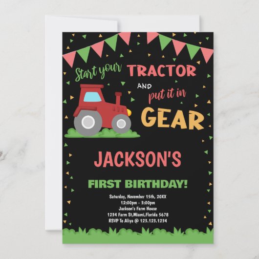 1e Rode Vlaggen Tractor Verjaardag Uitnodigingen (Voorkant)