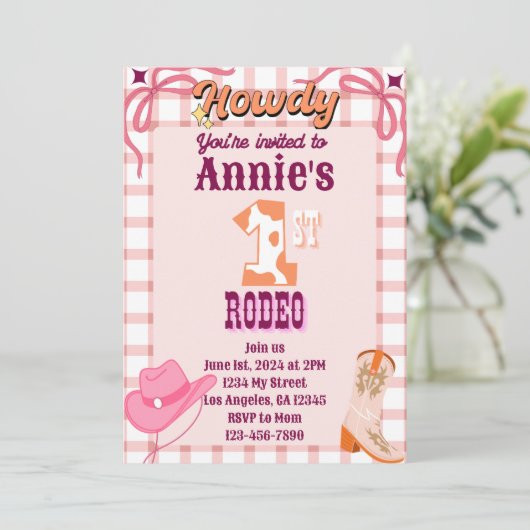 1e Rodeo Cowgirl Thema Verjaardag Uitnodiging (Staand voorkant)