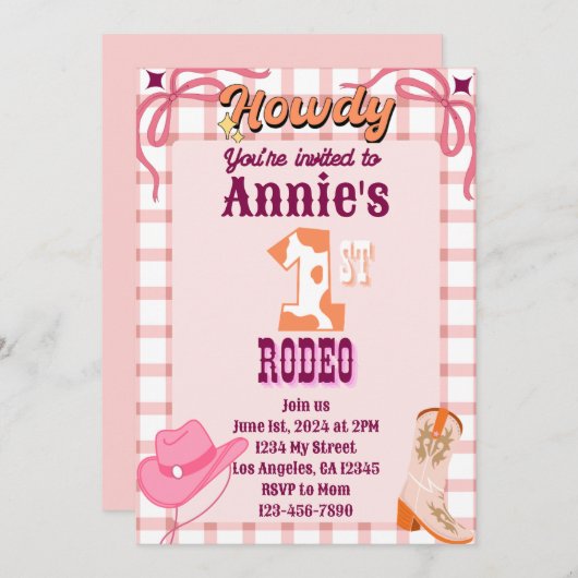 1e Rodeo Cowgirl Thema Verjaardag Uitnodiging (Voorkant / Achterkant)
