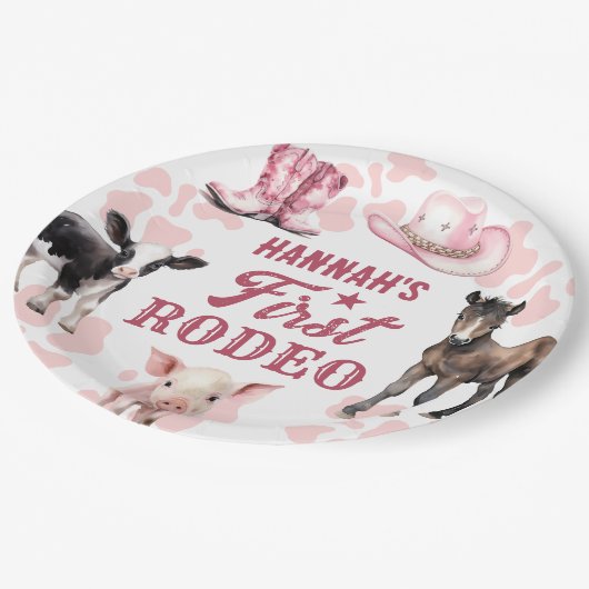 1e Rodeo Roze Verjaardagspapier Bord (Gekanteld)