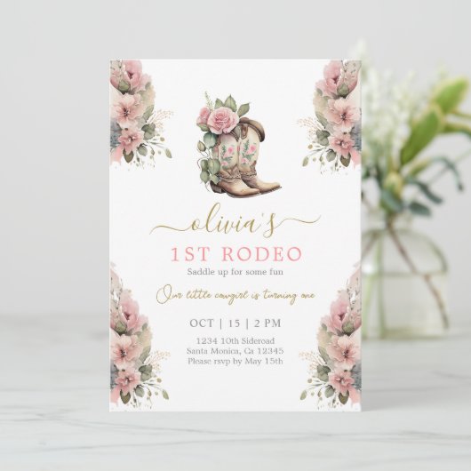 1e Rodeo Verjaardag Meisje Uitnodiging (Staand voorkant)