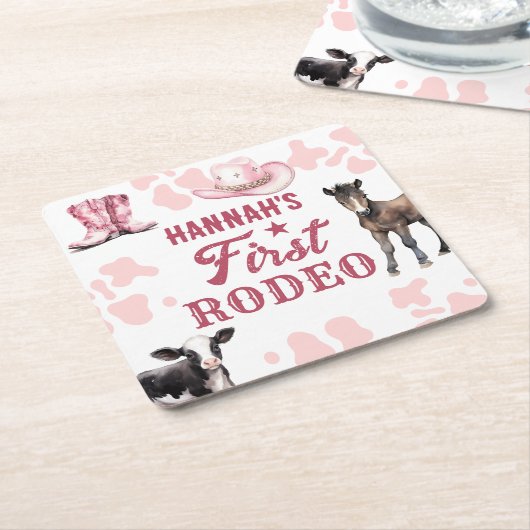 1e Rodeo Verjaardag Roze Papier Onderzetter (Schuin)