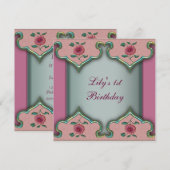 1e Roze Blauwgroen Fancy Bloem Verjaardagsuitnodig Kaart (Voorkant / Achterkant)