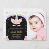 1e Roze Eenhoorn Verjaardag Uitnodigingen met foto (Voorkant)