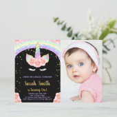 1e Roze Eenhoorn Verjaardag Uitnodigingen met foto (Staand voorkant)