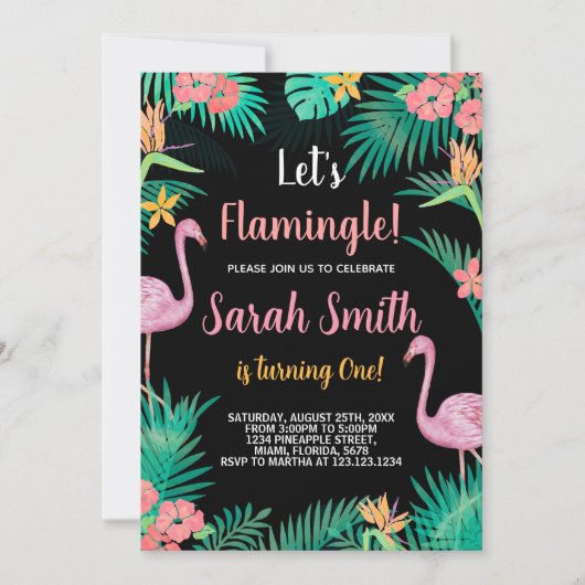 1e roze flamingo verjaardagsuitnodigingen kaart (Voorkant)