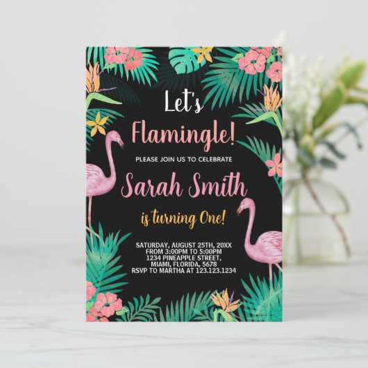 1e roze flamingo verjaardagsuitnodigingen kaart (Staand voorkant)