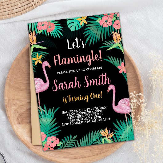 1e roze flamingo verjaardagsuitnodigingen kaart