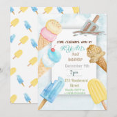 1e Schep Ijsje Thema Uitnodiging Eerste Verjaardag (Voorkant / Achterkant)