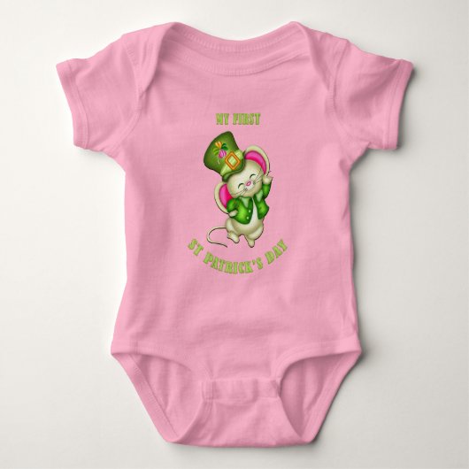 1e St. Patrick's Day Muis Baby Roze Rompertje Romper (Voorkant)