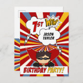 1e stripverhaal superheld gestileerde verjaardagsf uitnodiging briefkaart (Voorkant / Achterkant)