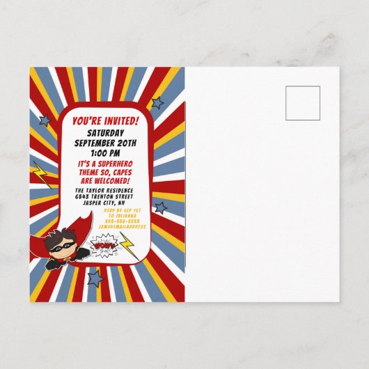 1e stripverhaal superheld gestileerde verjaardagsf uitnodiging briefkaart (Achterkant)