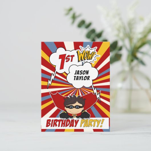 1e stripverhaal superheld gestileerde verjaardagsf uitnodiging briefkaart (Staand voorkant)