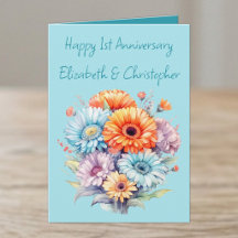 1e trouwdag gerbera bloemen blauw