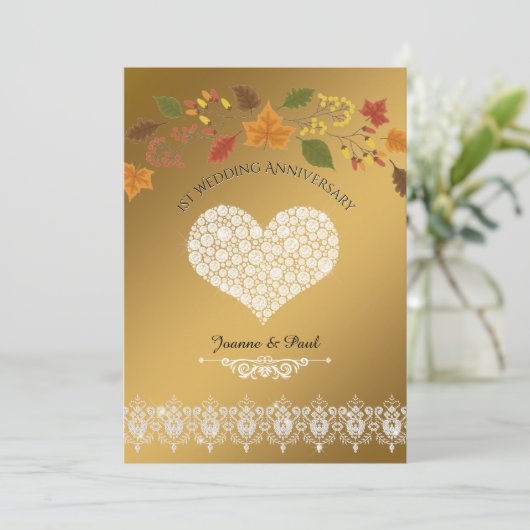 1e trouwfeestje gouden herfstbladeren feestje kaart (Staand voorkant)