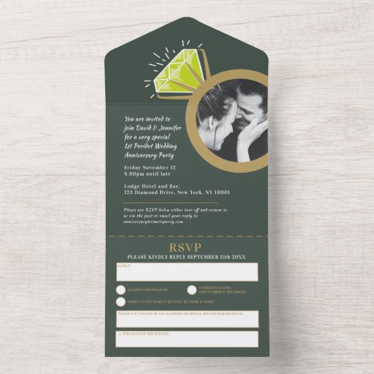 1e trouwfeestje groene peridot ring all in one uitnodiging (Binnen)