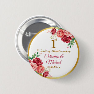 1e trouwjubileum Gouden lijst bloemen Ronde Button 5,7 Cm