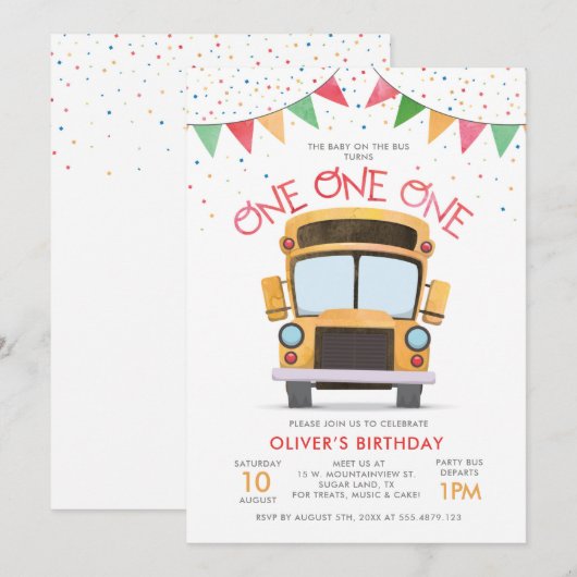 1e uitnodiging van Birthday Bus Party (Voorkant / Achterkant)