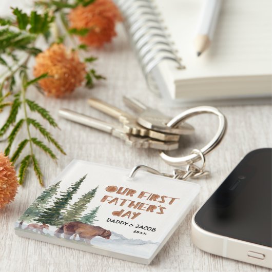 1e Vaderdag Beer gepersonaliseerde bossen Sleutelhanger (Voorkant Rechts)