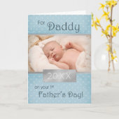 1e Vaderdag voor papa Blauwe Foto & Jaar Kaart (Gele Bloem)