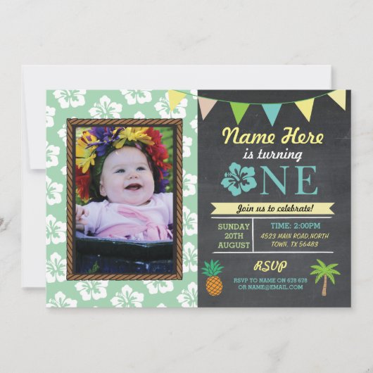 1e Verjaardag 1 Aloha Tropical Photo Party Uitnodi Kaart (Voorkant)