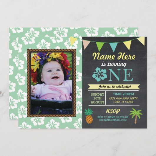 1e Verjaardag 1 Aloha Tropical Photo Party Uitnodi Kaart (Voorkant / Achterkant)