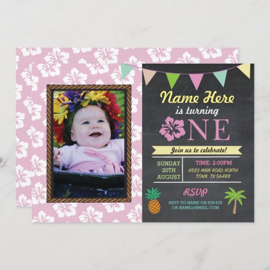 1e verjaardag 1 Aloha tropische fotopartij nodigt  Kaart (Voorkant / Achterkant)