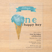 1e verjaardag 1 Happy Boy Blue Ice Cream Acryl Uitnodigingen (Voorkant)