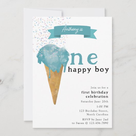 1e verjaardag 1 Happy Boy Blue Ice Cream Kaart (Voorkant)