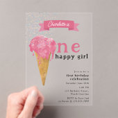 1e verjaardag 1 Happy Girl Pink Ice Cream Acryl Uitnodigingen (Insitu (Draagbaar))
