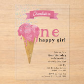 1e verjaardag 1 Happy Girl Pink Ice Cream Acryl Uitnodigingen (Voorkant)
