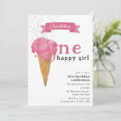 1e verjaardag 1 Happy Girl Pink Ice Cream Kaart (Staand voorkant)