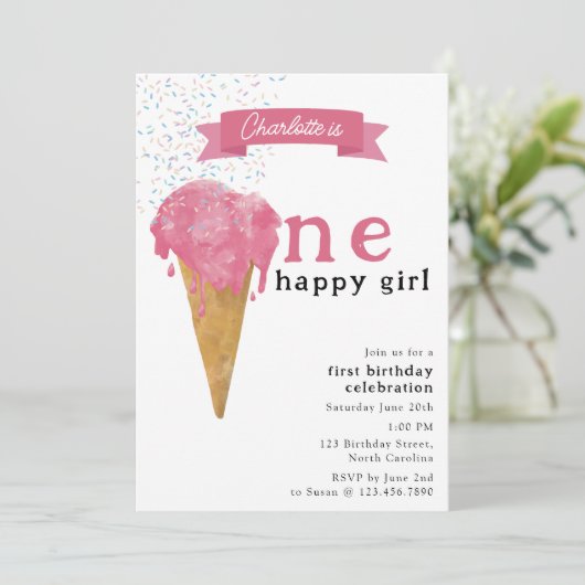 1e verjaardag 1 Happy Girl Pink Ice Cream Kaart (Staand voorkant)