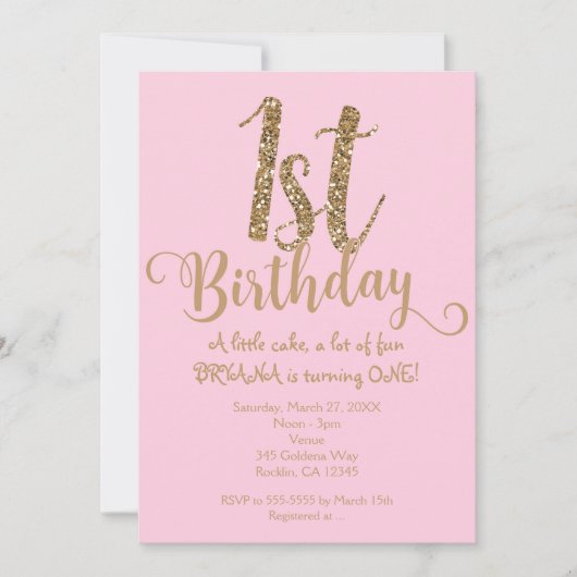 1E VERJAARDAG 1 Roze & Goud Party One Uitnodiginge Kaart (Voorkant)