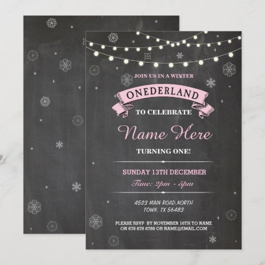 1e Verjaardag 1 Wonderland Onederland Feestuitnodi Kaart (Voorkant / Achterkant)