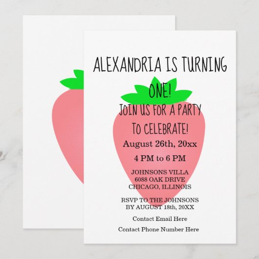 1e verjaardag aardbei roze baby meisje aangepaste  kaart (Voorkant / Achterkant)