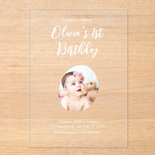 1e verjaardag acryl uitnodigingen (Voorkant)