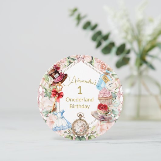 1e verjaardag Alice in Wonderland Bloemenronde Kaart (Staand voorkant)
