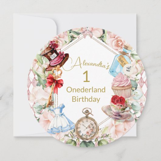 1e verjaardag Alice in Wonderland Bloemenronde Kaart (Voorkant)