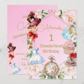 1e verjaardag Alice in Wonderland Floral Pink Kaart (Voorkant / Achterkant)