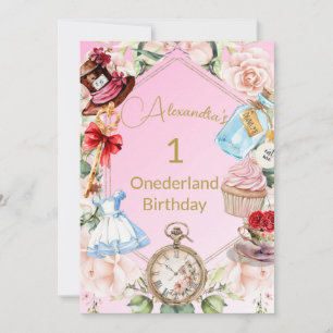 1e verjaardag Alice in Wonderland Floral Pink Kaart