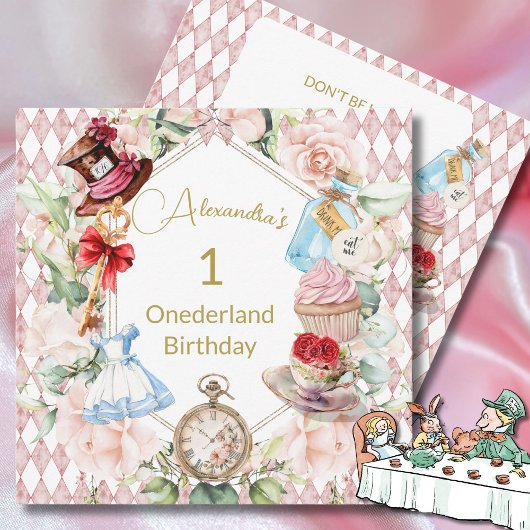 1e verjaardag Alice in Wonderland Floral Square Kaart